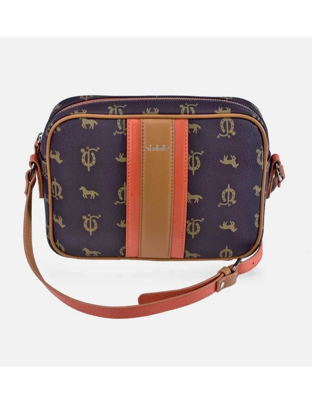 EL CABALLO Bolso bandolera con cremallera para mujer en lona estampada y piel