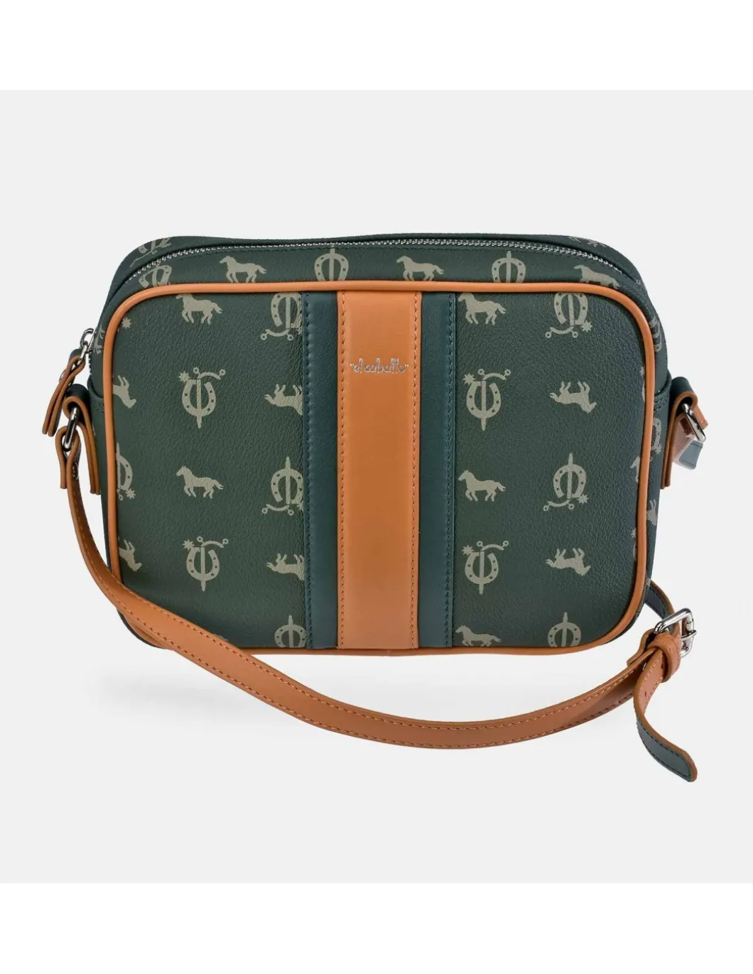 EL CABALLO Bolso bandolera con cremallera para mujer en lona estampada y piel