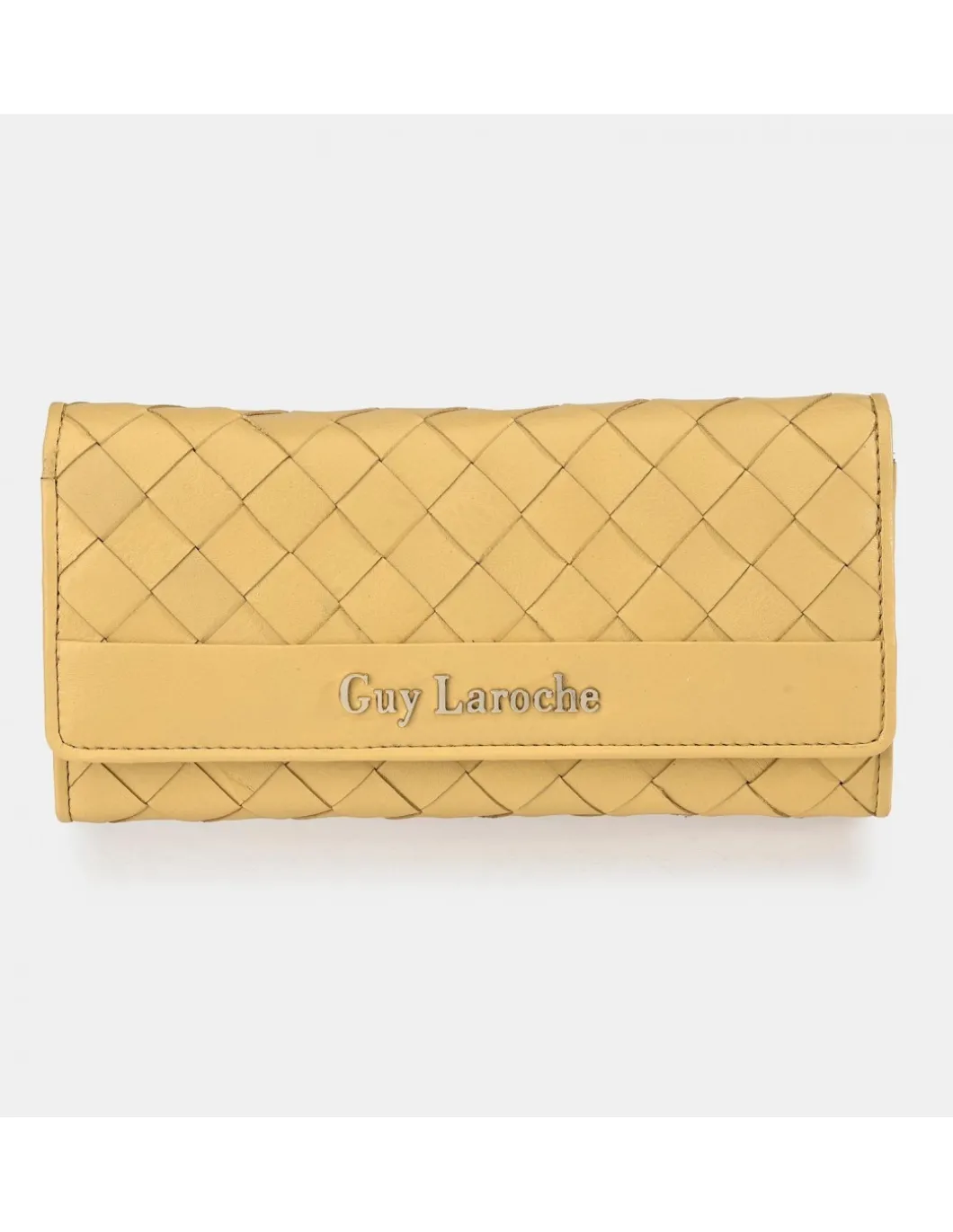 GUY LAROCHE monedero grande con solapa para mujer piel amarillo trenzado