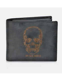 POLICE cartera con calavera piel tipo americano para hombre con monedero y tarjetero